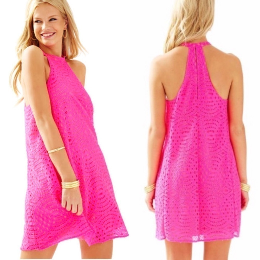 LILLY PULITZER QUINN KNOTTY LACE KIR ROYAL PINK HALTER TRAPEZE SWING MINI DRESS